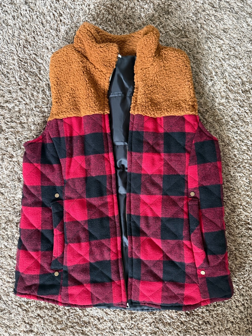 Maurices Red & Black Buffalo Plaid Sherpa Yoke Vest